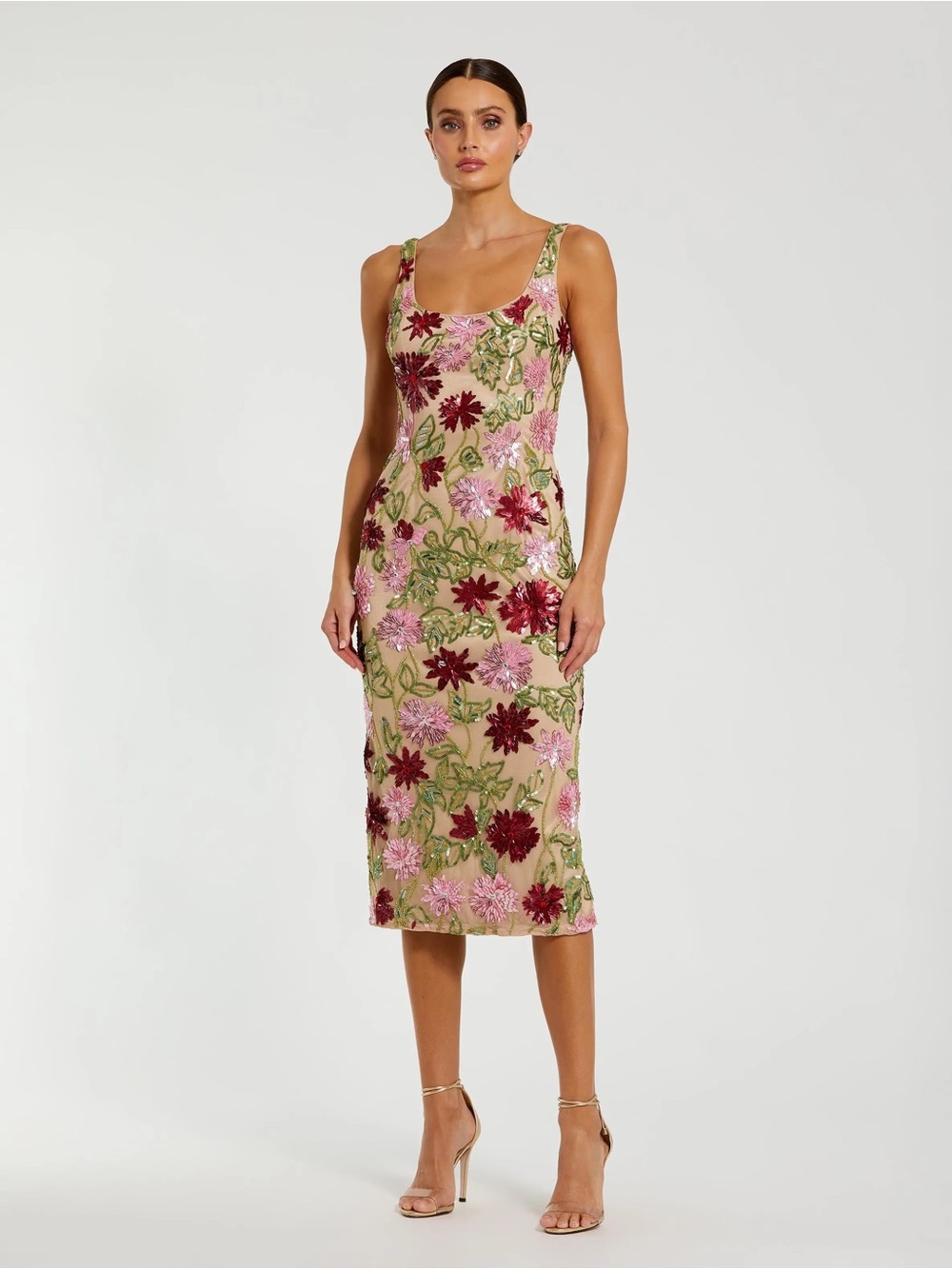 Mac Duggal 6124 Beige Floral Beaded Scoop Neck Midi Dress sz 4